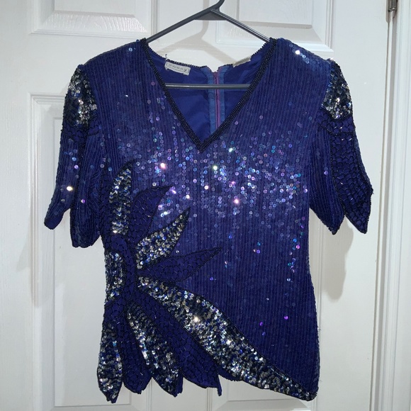 Stenay beaded silk vintage top Sz M sequins V neck back zip shoulder pads - Picture 1 of 11